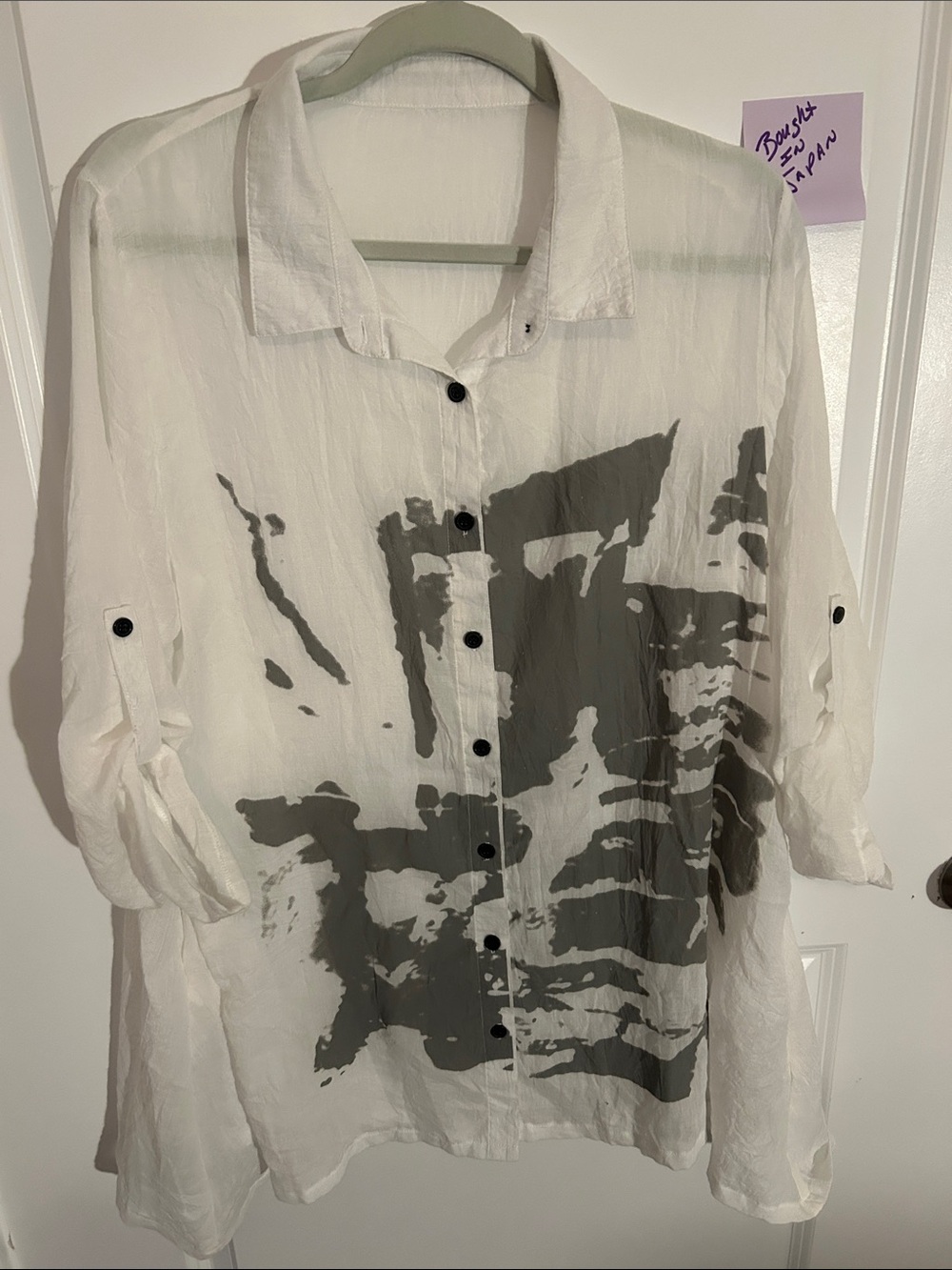 White Button-Front Shirt with Gray Graphic from Japan